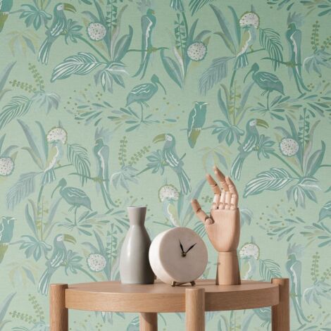 Papier peint intissé nature vert Tapisserie animale et florale Papier peint style tropical exotique idéal pour couloir et chambre