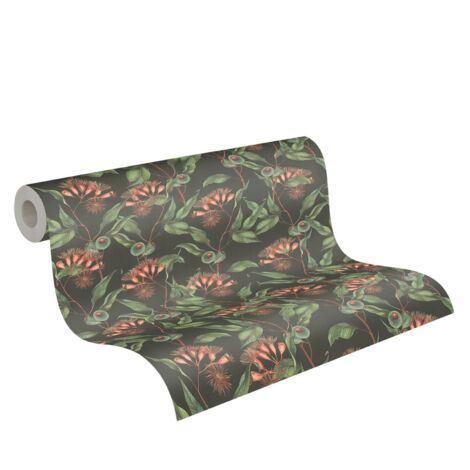 Papier peint intissé noir et vert Tapisserie à fleurs rouges style tropical jungle Papier peint floral idéal pour chambre et salon