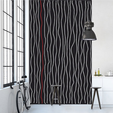 Papier peint intissé noir, motif vagues verticales rouge et blanc, 250 cm X 150 cm.