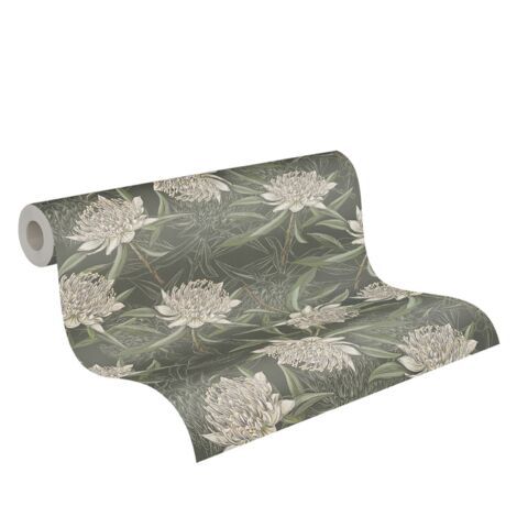 Papier peint intissé nuances de verts Tapisserie à fleurs blanches Papier peint feuillage style tropical pour chambre et couloir