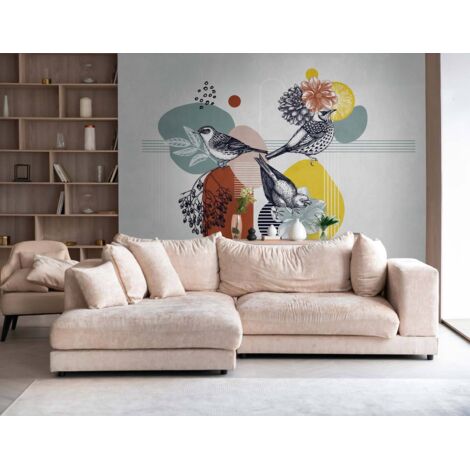 Papier peint intissé Oiseaux Multicolore, Gris, Orange - 3,71 x 2,8 m