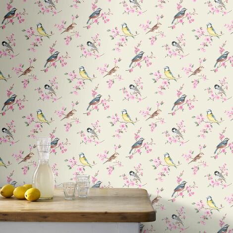 Papier peint intissé oiseaux sur branches – Dimensions 1005 x 52 cm – Résistant à la lumière – Entretien facile avec éponge humide – Superfresco Easy