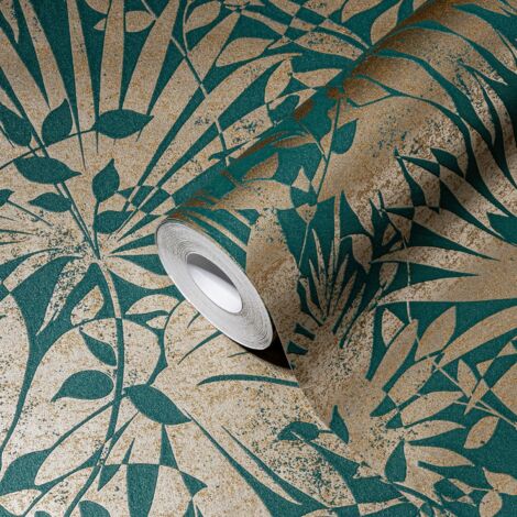 Papier peint intissé palmier en papier peint intissé tropical moderne en or vert foncé