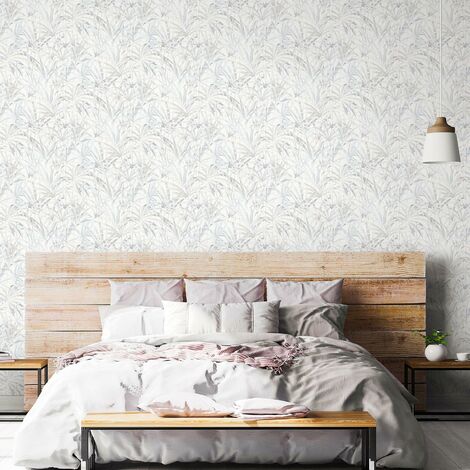 Papier peint intissé palmier gris et blanc | Tapisserie jungle à motif crème pour chambre | Papier peint moderne pour salon