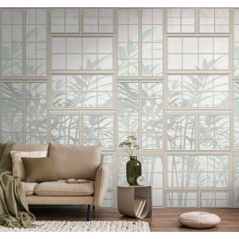 Papier peint intissé Palmiers & Feuilles Beige, Crème, Vert - 1,59 x 2,8 m