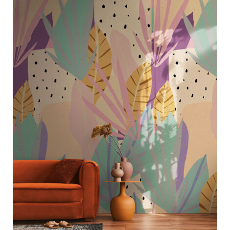 Papier peint intissé Palmiers & Feuilles Beige, Mauve, Rose, Turquoise - 8,80 x 0,53 m