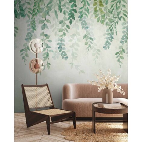 Papier peint intissé Palmiers & Feuilles Bleu, Crème, Vert - 3,71 x 2,8 m