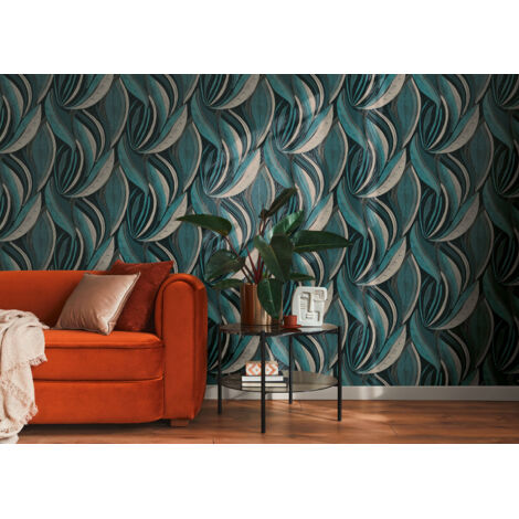 Papier peint intissé Palmiers & Feuilles Bleu, Gris, Argent, Turquoise - 10,05 x 0,53 m