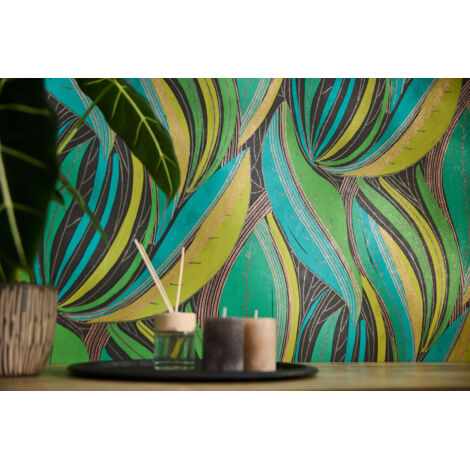Papier peint intissé Palmiers & Feuilles Jaune, Or, Vert, Turquoise - 10,05 x 0,53 m