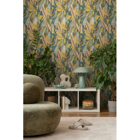 Papier peint intissé Palmiers & Feuilles Jaune, Vert - 10,05 x 0,53 m
