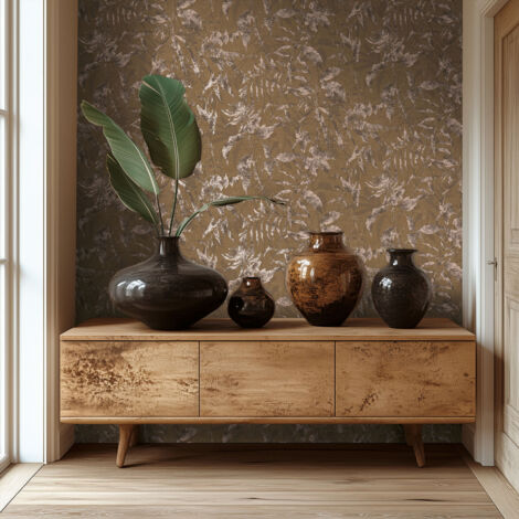 Papier peint intissé Palmiers & Feuilles Marron, Or - 10,05 x 0,53 m