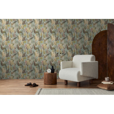 Papier peint intissé Palmiers & Feuilles Marron, Vert - 10,05 x 0,53 m
