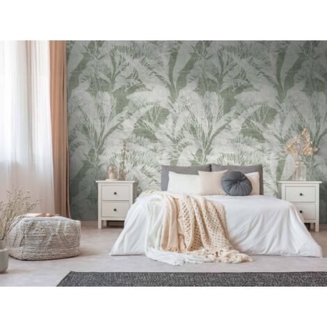Papier peint intissé Palmiers & Feuilles Vert, Blanc - 1,59 x 2,8 m