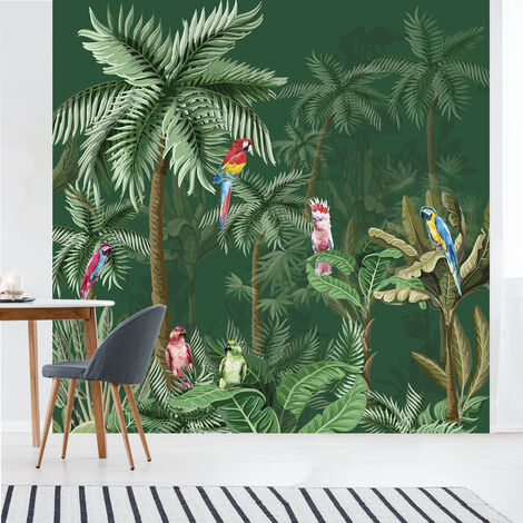 Papier peint intissé panoramique, forêt tropicale avec perroquets, 250 cm X 250 cm