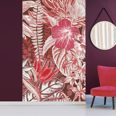 Papier peint intissé panoramique, motif floral rouge, fleurs et feuillages de la jungle tropicale, 250 cm X 150 cm.