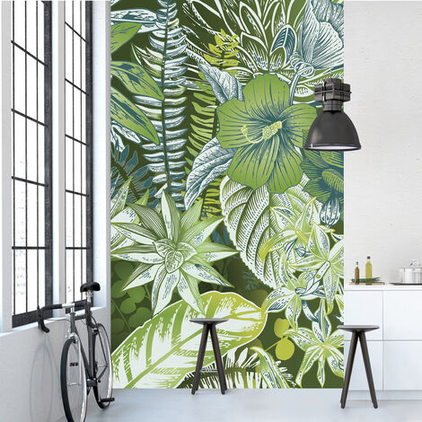 Papier peint intissé panoramique, motif floral vert, fleurs et feuillages de la jungle tropicale, 250 cm X 150 cm.