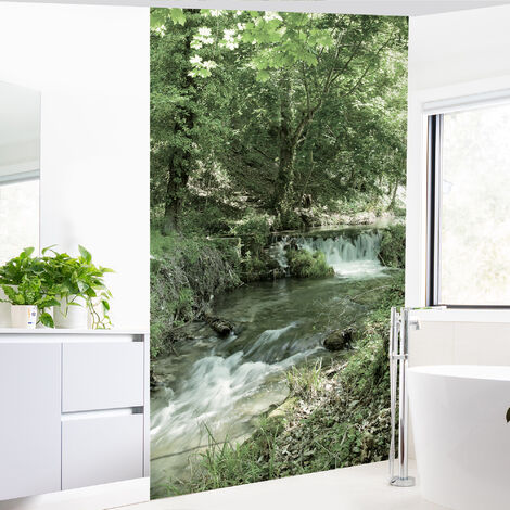 Papier peint intissé panoramique, photo de cascade et de rivière dans la forêt, 250 cm X 150 cm - Vert