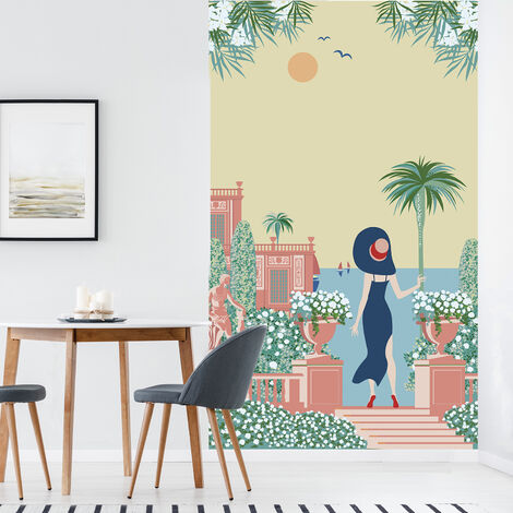 Papier peint intissé Paysage des Îles Grecques, Vue sur Mer, Femme en Tenue Bleue, 250 cm X 150 cm.