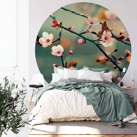 Papier peint intissé photo rond Fleurs de cerisier Papiers peints Fleurs Bourgeons Tableau Ø1.88m - vert