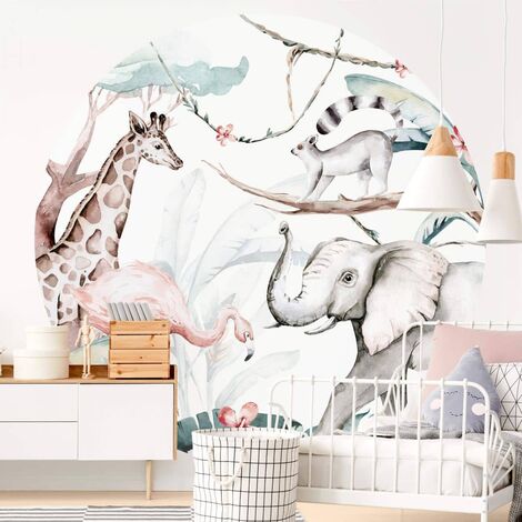 Papier peint intissé photo rond Kvilis Chambre d'enfant Animaux Girafe Eléphant Papiers peints Ø1.4m - blanc
