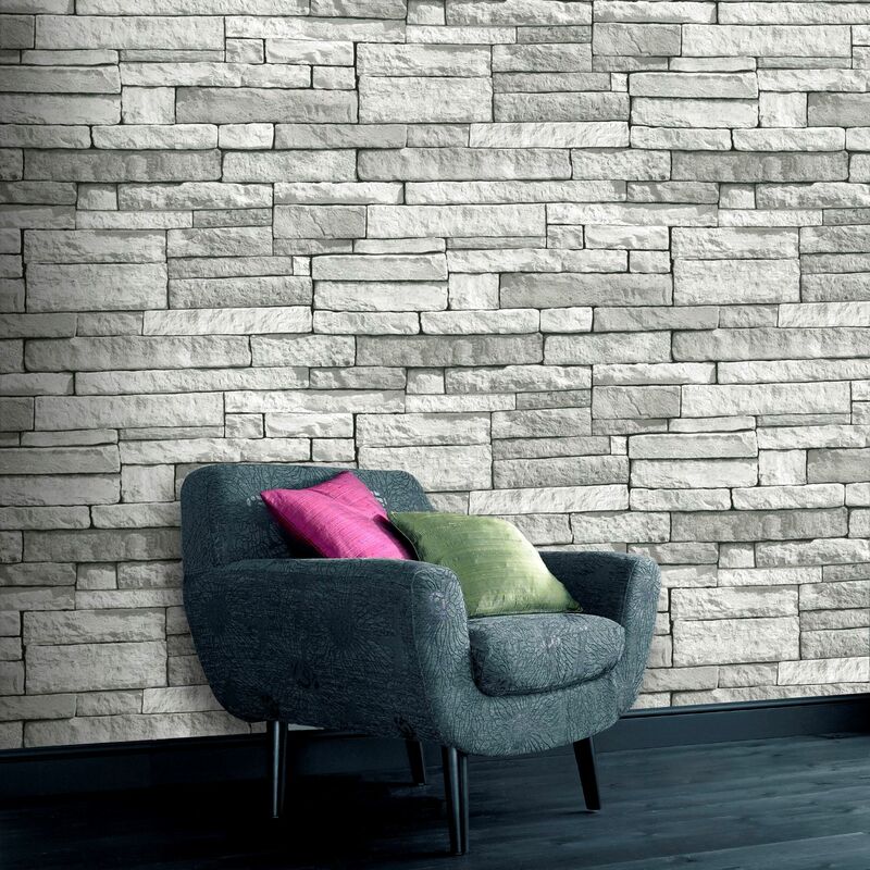 Papier peint intissé Briques Claires Grainé 1005 x 52cm Gris - Blanc