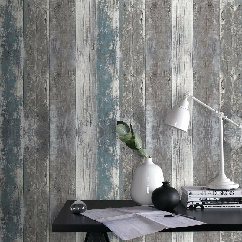 Papier peint intissé Planches de bois verticales Grainé 1005 x 52cm Gris, Bleu