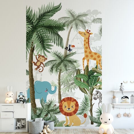 PLAGE Papier peint intissé pour chambre d'enfant, 250 cm X 150 cm, illustration forêt tropicale, animaux de la jungle, panoramique.