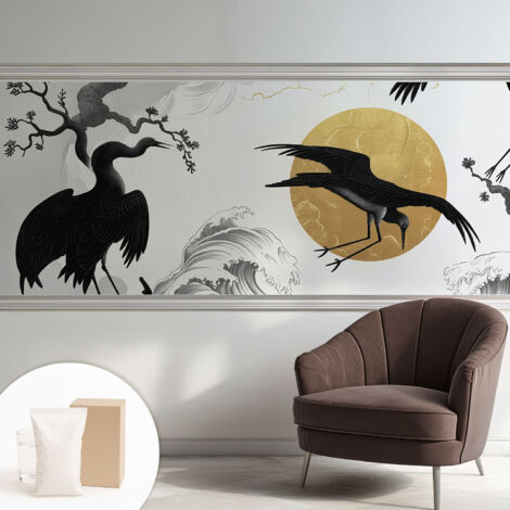 Papier peint intissé pour salon chambre à coucher peint imprimé Installation facile - Colle incluse gratuite Grues noires 250x104 cm