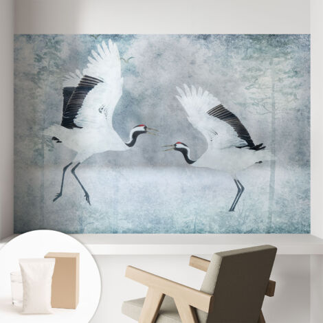 Papier peint intissé pour salon chambre à coucher peint imprimé pour mur - Colle incluse gratuite Grues harmonieuses 104x70 cm