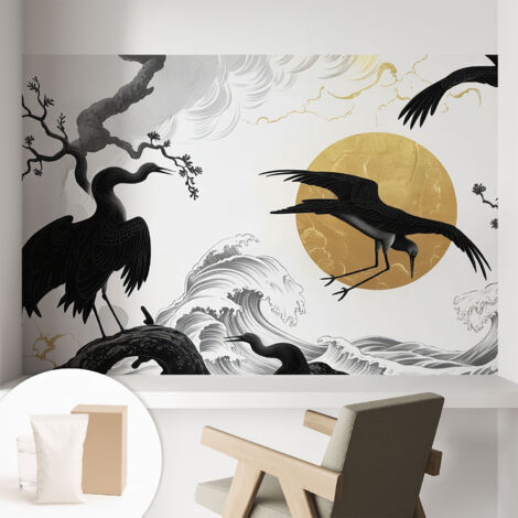 Papier peint intissé pour salon chambre à coucher peint imprimé pour mur - Colle incluse gratuite Grues noires 104x70 cm