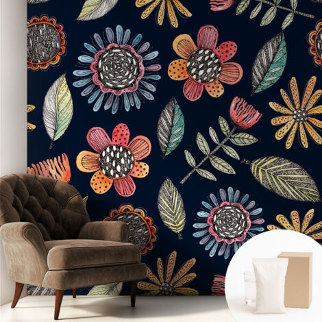 Papier peint intissé pour salon chambre à coucher peint imprimé pour mur - Colle incluse gratuite Mosaïque florale 250x250 cm