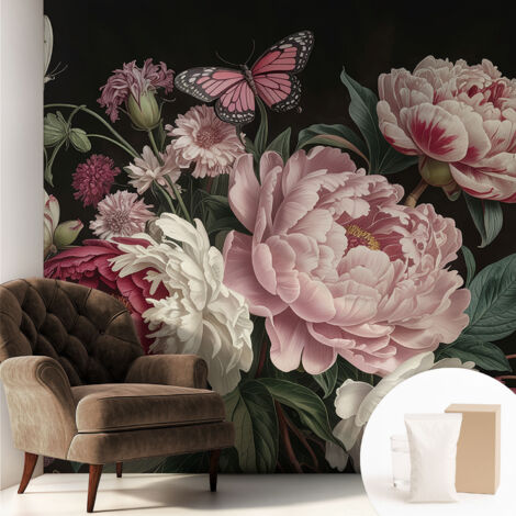 Papier peint intissé pour salon chambre à coucher peint imprimé pour mur - Colle incluse gratuite Pivoines et papillons 250x250 cm