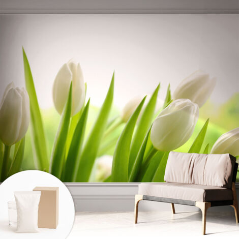 Papier peint intissé pour salon chambre à coucher peint imprimé pour mur - Colle incluse gratuite Tulipes blanches 312x219 cm