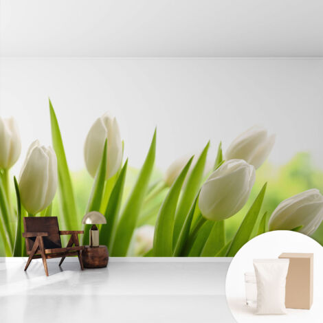 Papier peint intissé pour salon chambre à coucher peint imprimé pour mur - Colle incluse gratuite Tulipes blanches 416x254 cm