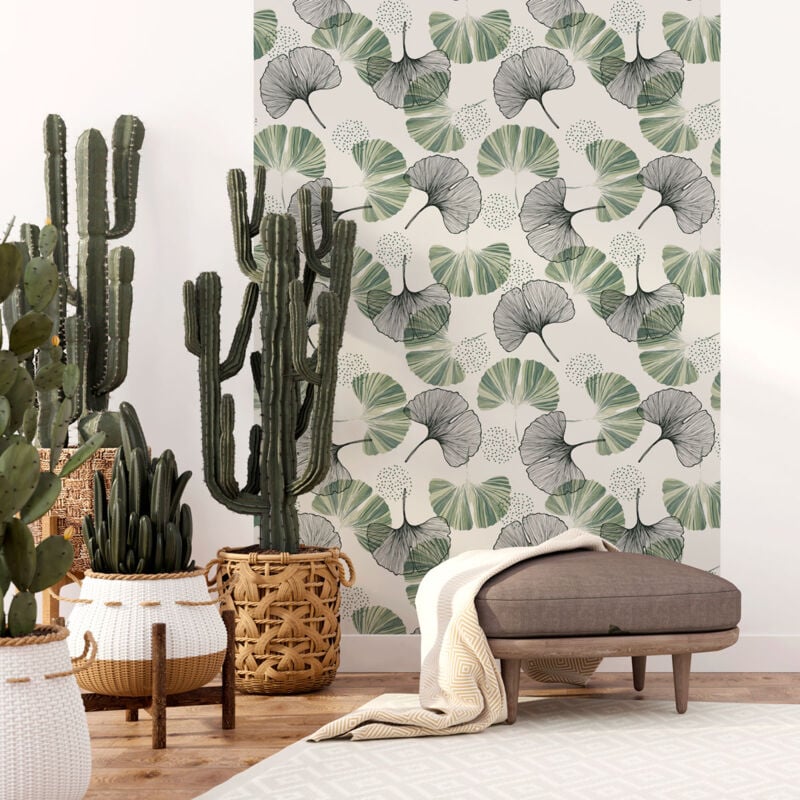 Papier peint intissé pré-encollé - feuilles de ginkgo gris vert - 1 rouleau de 300x60cm