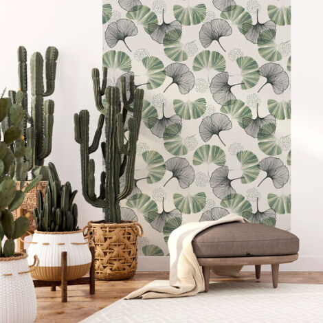 Papier peint intissé pré-encollé - FEUILLES DE GINKGO GRIS VERT - 1 rouleau de 300x60cm