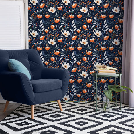 Papier peint intissé pré-encollé - FLEURS BLANCHES ET ORANGES - 1 rouleau de 300x60cm