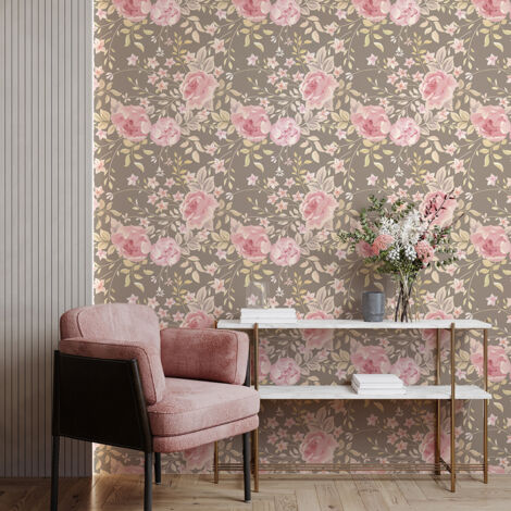 Papier peint intissé pré-encollé - FLEURS VINTAGE ROSE PIVOINES GRIS - 1 rouleau de 300x60cm