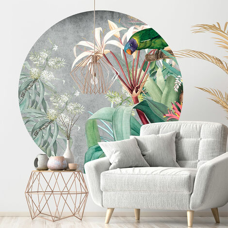 Papier peint intissé pré-encollé fresques géantes - FRESQUE FLORALE VINTAGE ET PERROQUET - 120x120cm