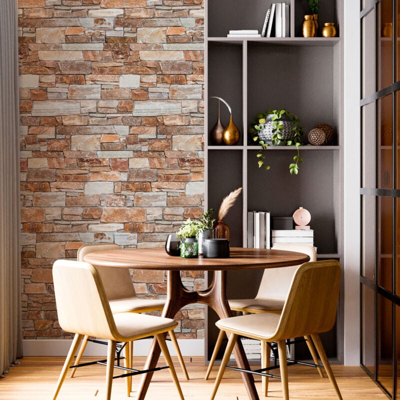 Papier peint intissé pré-encollé - parement en pierre rouge - 1 rouleau de 300x60cm