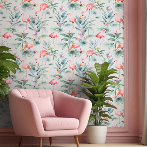 Papier peint intissé pré-encollé - GRIS OISEAUX TROPICAUX ROSES ET FLEURS DU PARADIS - 1 rouleau de 300x60cm