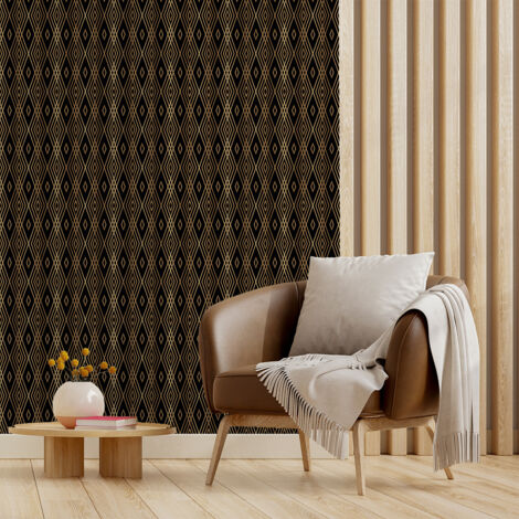 Papier peint intissé pré-encollé - SCANDINAVE ART DÉCO LOSANGES NOIRS ET EFFET DORÉ - 1 rouleau de 300x60cm