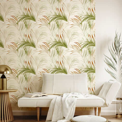 Papier peint intissé pré-encollé - TROPICAL FEUILLES DE PALMIER VERT PASTEL - 1 rouleau de 300x60cm