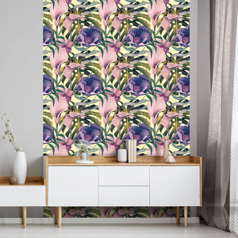 Papier peint intissé pré-encollé - TROPICAL FLEURS ROSES ET VIOLETTES - 1 rouleau de 300x60cm