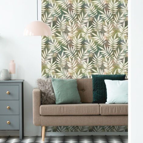 Papier peint intissé pré-encollé - TROPICAL NUANCES DE VERT ET FEUILLES BEIGES - 1 rouleau de 300x60cm