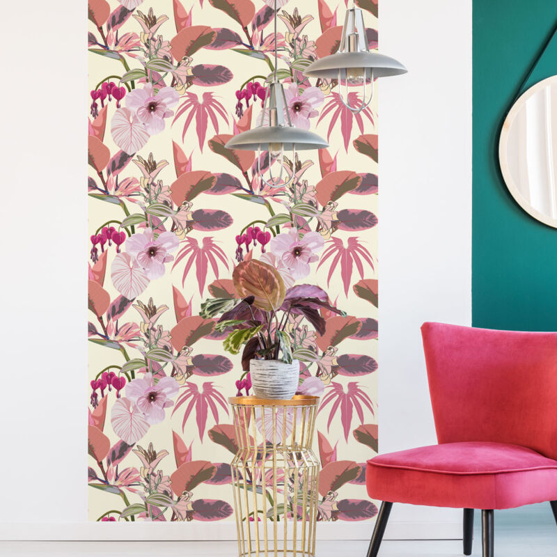 Papier peint intissé pré-encollé - tropical orchidées fleurs et feuilles exotiques - 1 rouleau de 300x60cm