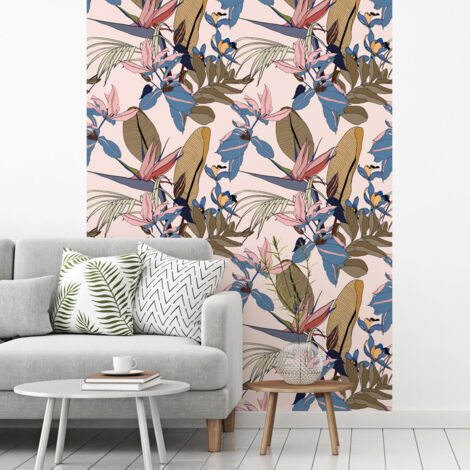 Papier peint intissé pré-encollé - TROPICAL ROSE FEUILLES DE BANANIER ET FLEURS DE PARADIS - 1 rouleau de 300x60cm