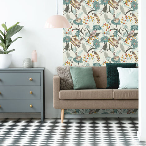 Papier peint intissé pré-encollé - VINTAGE FLEURS BLEUES ET MOINEAUX - 1 rouleau de 300x60cm