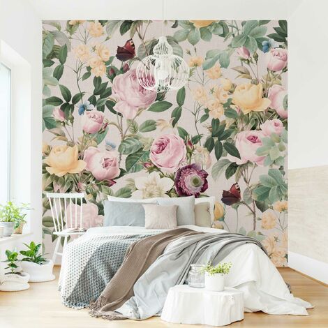 Papier peint intissé Premium - Vintage Floral Illustration XXL - Mural Carré Dimension HxL: 288cm x 288cm