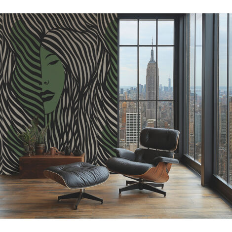 Papier peint intissé Rétro Crème, Vert - 1,59 x 2,8 m